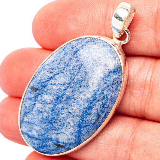 Oval dumortierite pendant, blue mottled gemstone in silver bezel with loop bail