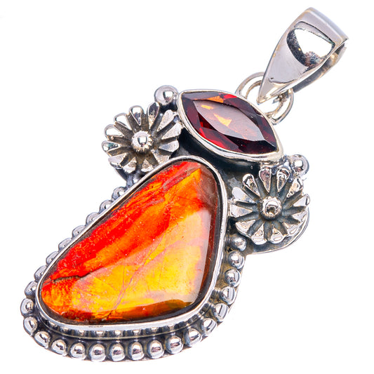 Sterling silver ammolite pendant with red marquise and orange-yellow teardrop stones