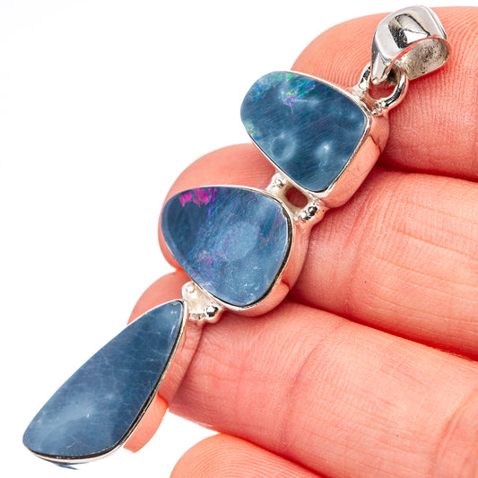Sterling silver opal doublet pendant with three blue stone drops and bail
