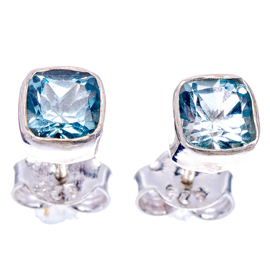 Pair of cushion-cut blue topaz stud earrings in .925 sterling silver with posts