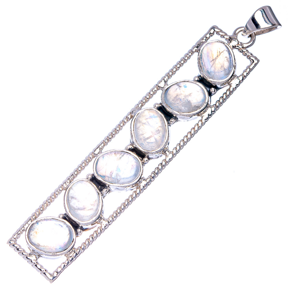 Rainbow moonstone oval pendant in sterling silver, five-stone bar design with bail