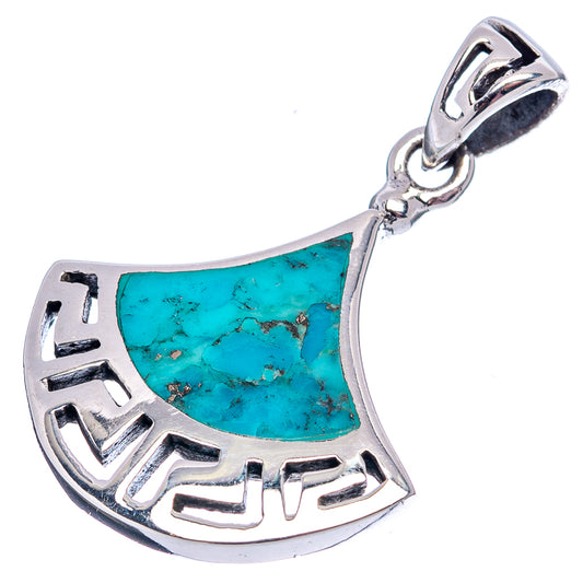 Native Style turquoise crescent pendant .925 sterling silver with bail and geometric border
