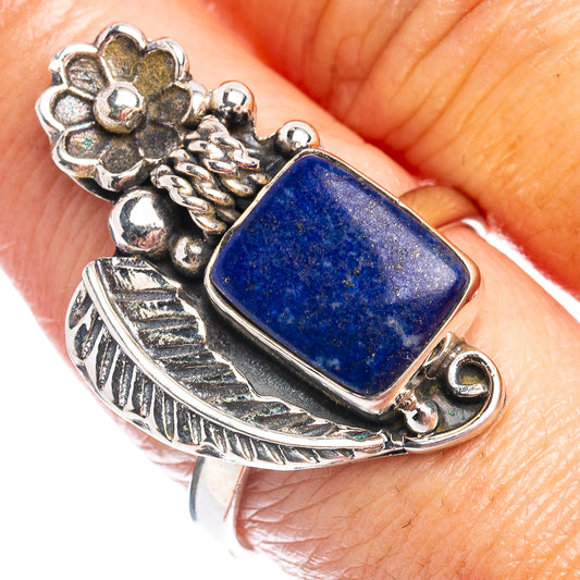 Sodalite ring with rectangular blue stone, .925 sterling silver floral and feather settings