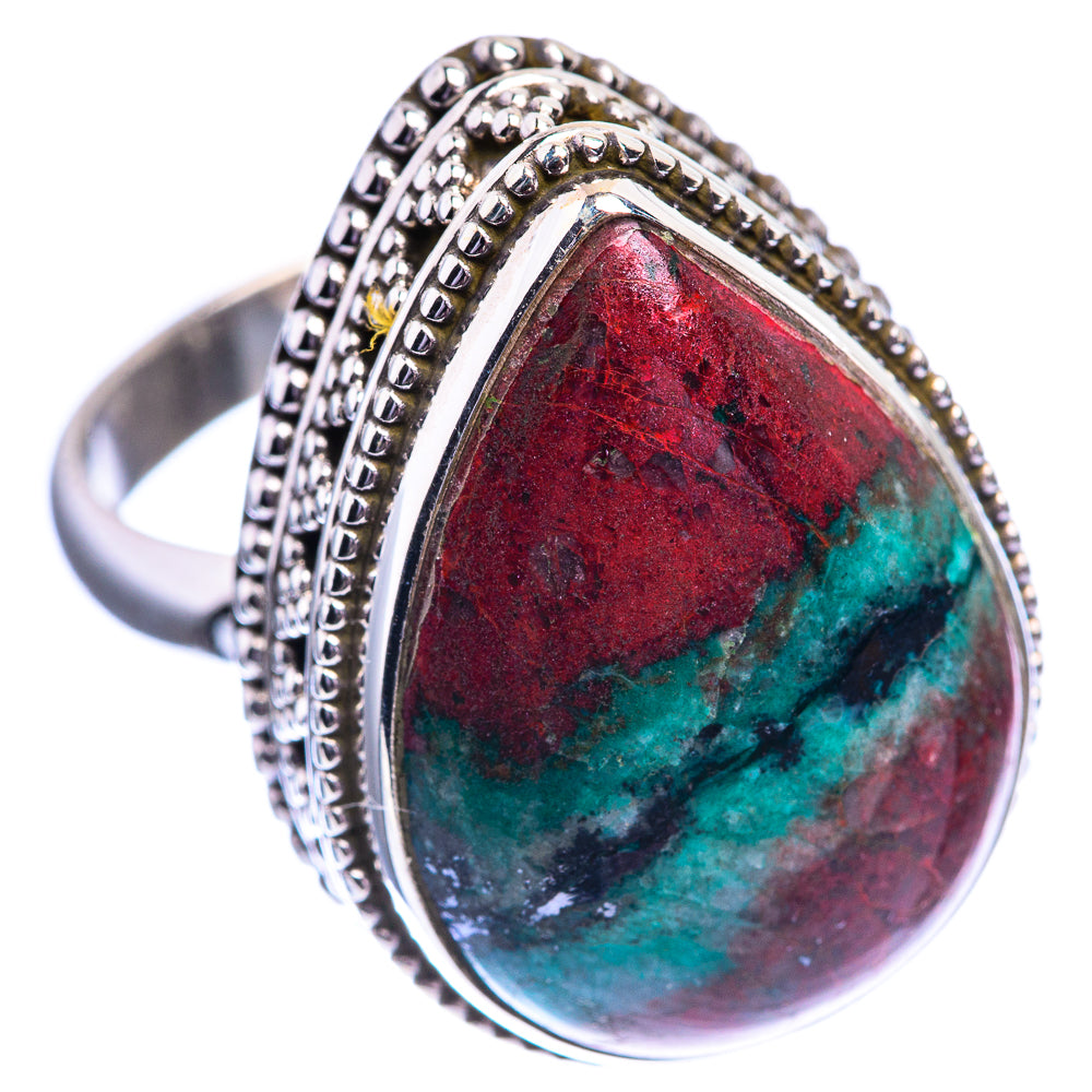 Sterling silver teardrop ring with red and green marbled bloodstone cabochon, beaded bezel