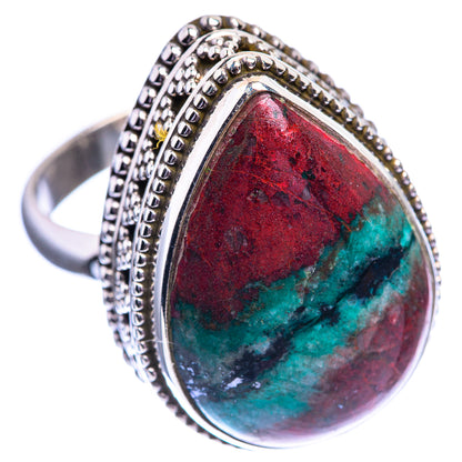Sterling silver teardrop ring with red and green marbled bloodstone cabochon, beaded bezel