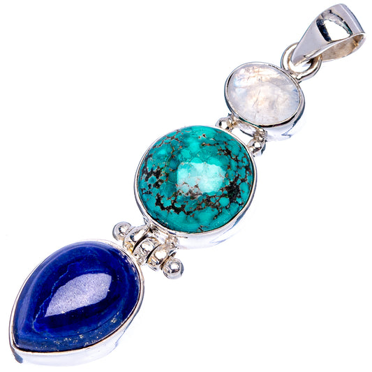 Oval sterling silver pendant with turquoise, deep-blue lapis, and pale iridescent stone