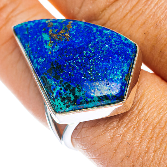 Blue azurite gemstone ring in sterling silver, abstract triangle bezel