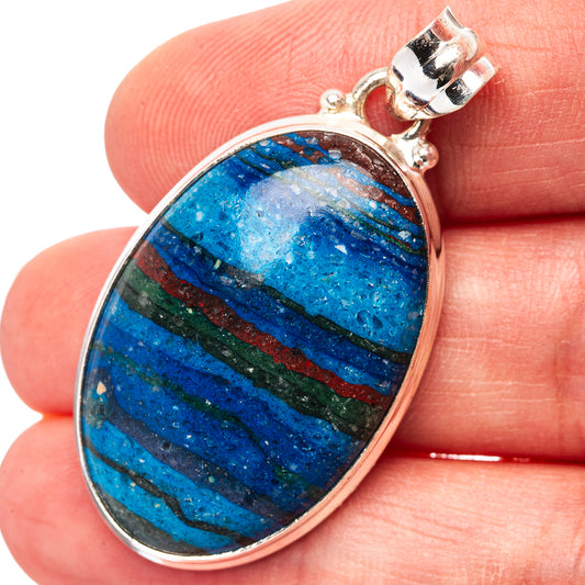 Rainbow calsilica pendant in oval sterling silver bezel, blue-green striped gemstone