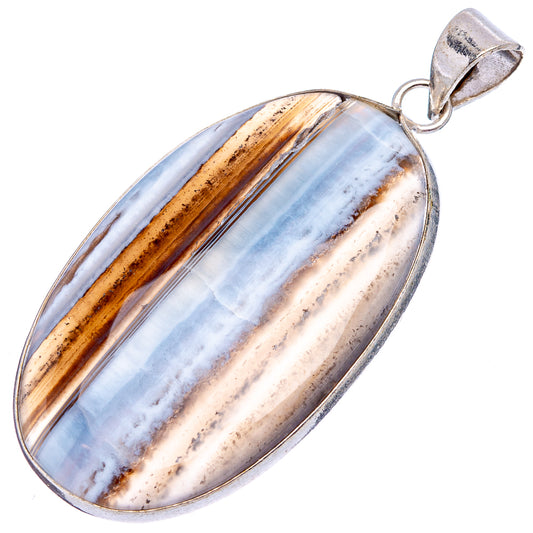 Silver-plated oval opal pendant with blue and cream bands plus a warm brown stripe