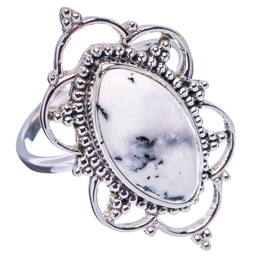 Oval dendritic opal ring in .925 sterling silver, ornate bezel and openwork prongs