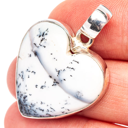 Sterling silver heart pendant with white dendritic agate and silver bail