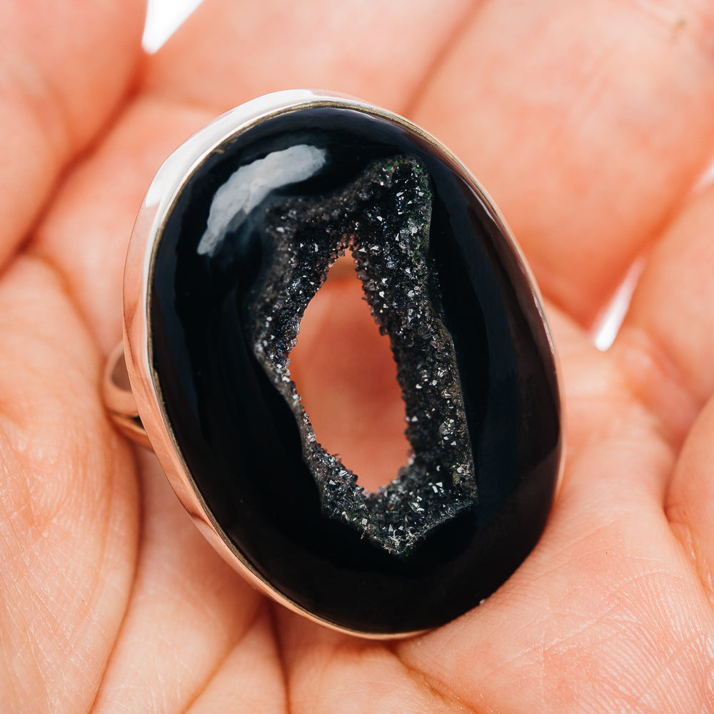 Premium Black Window Druzy Ring Size 9.75 (.925 Sterling Silver)