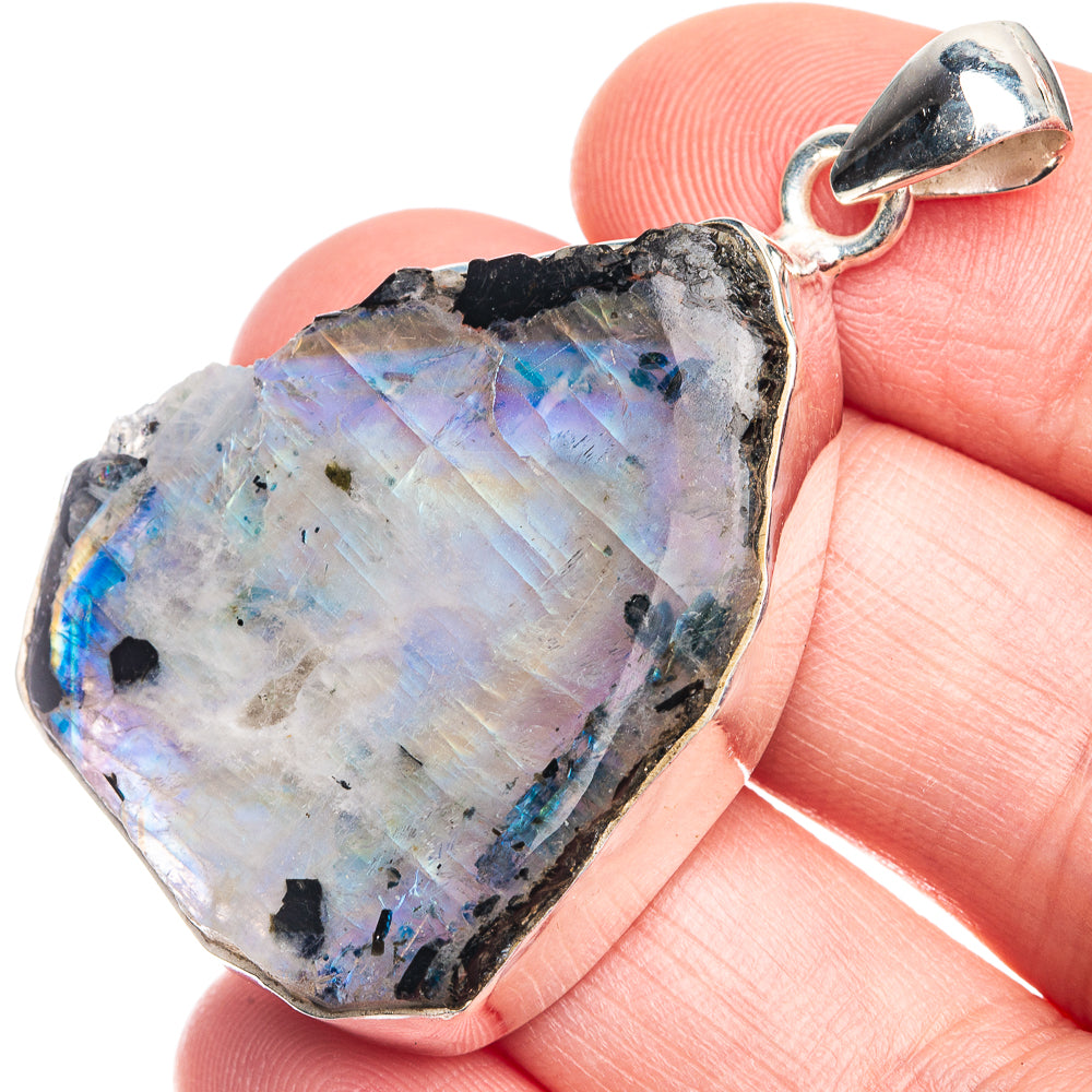 Raw Rainbow Moonstone Pendant 1 3/4" (925 Sterling Silver) P39315