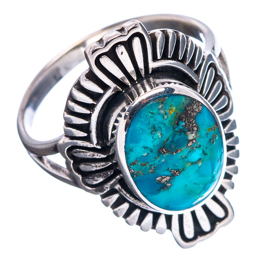 Turquoise oval sterling silver ring, engraved rays around bezel, flat band