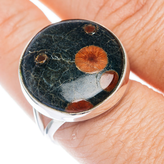 Sterling silver obsidian ring, round dark face with orange dot accents, size 9.5
