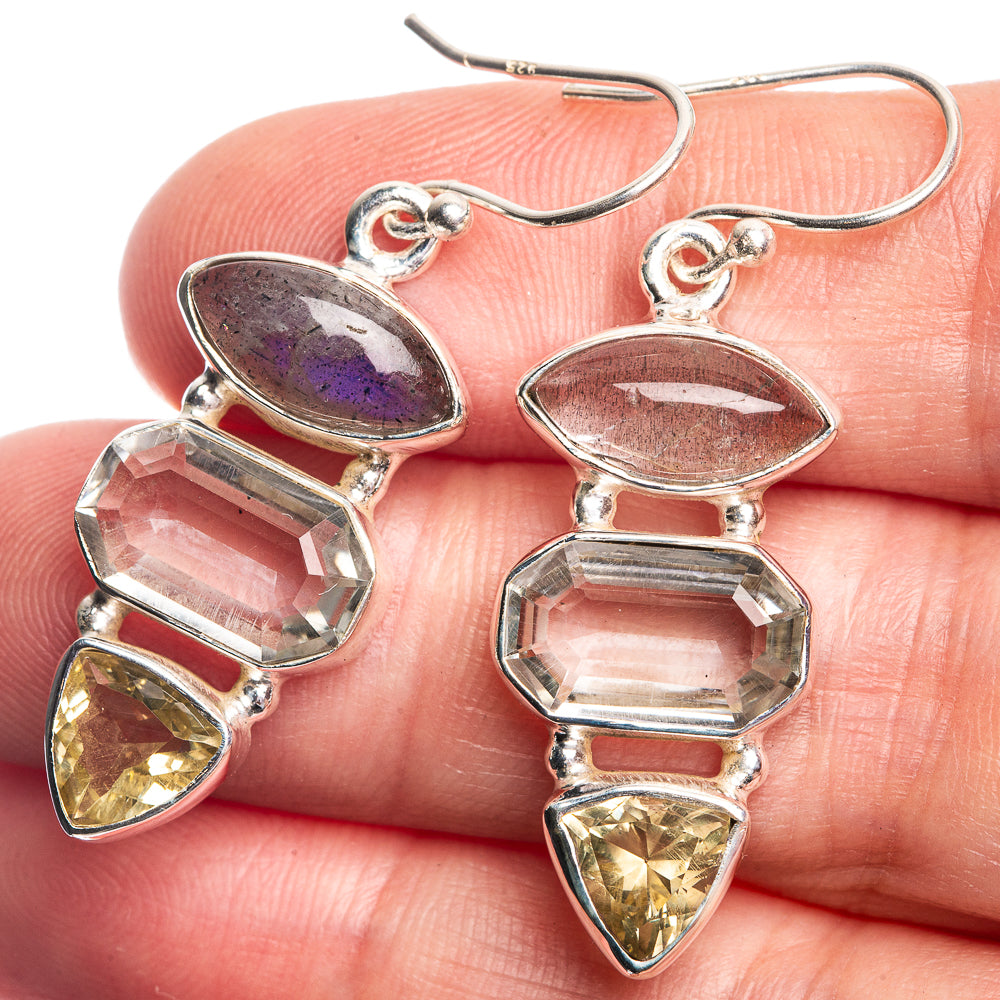 Labradorite, White Quartz, Citrine Earrings 1 5/8" (925 Sterling Silver) E432477