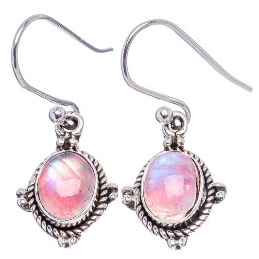 Sterling silver oval pink iridescent moonstone drop earrings, textured bezel, fishhook hooks
