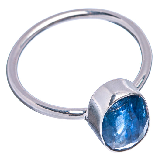 Sterling silver kyanite ring, oval blue gemstone on raised bezel