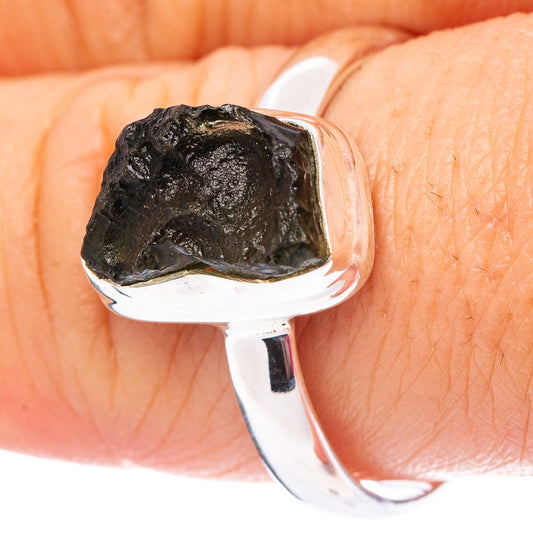 925 sterling silver ring with dark green rough stone, close-up