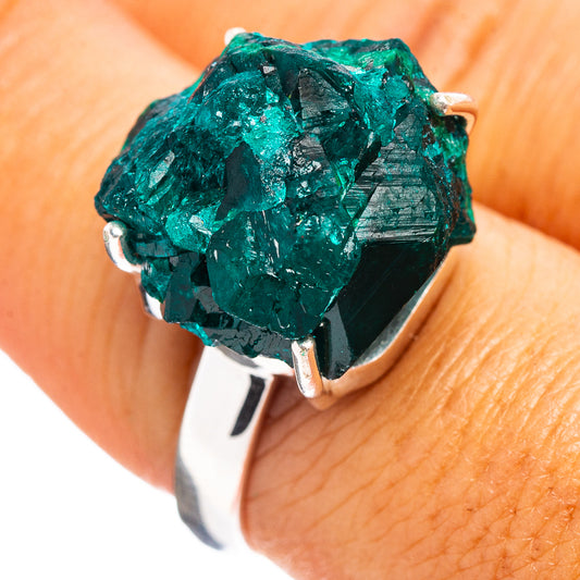 Raw dioptase ring, size 8, rough teal crystal set in .925 sterling silver band