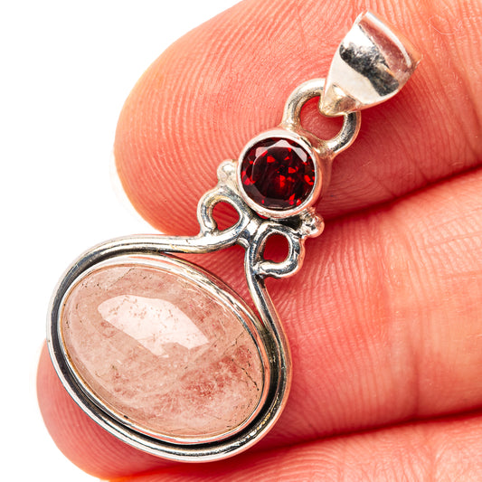Sterling silver pendant with round red garnet and oval pink morganite, ornate frame