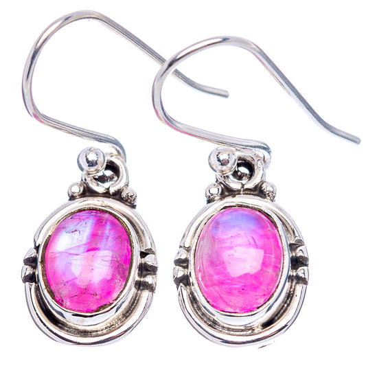 Oval pink moonstone earrings in .925 sterling silver, ornate halo bezel and hook backs