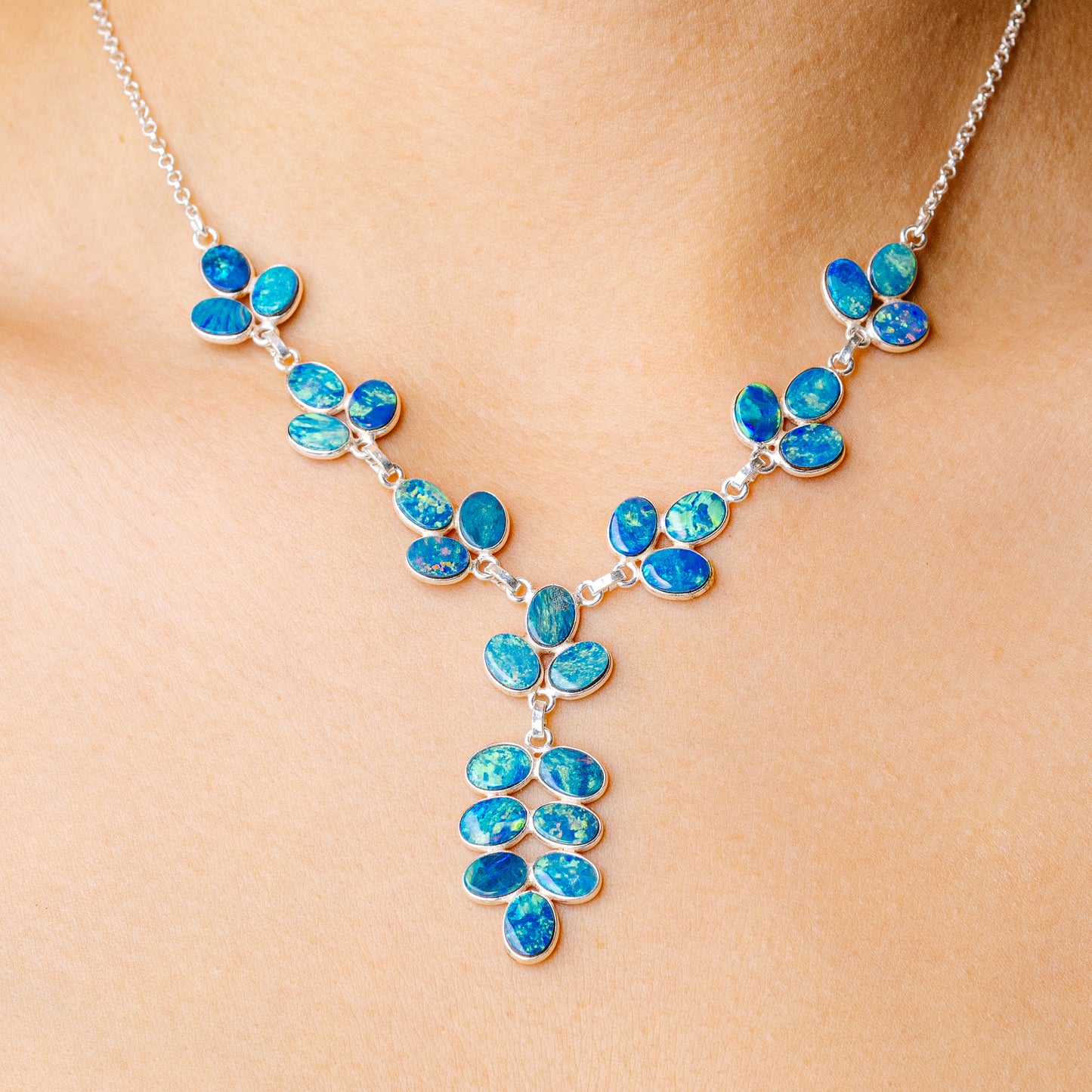 Doublet Opal Necklace 15 3/4 To 17 1/2" (925 Sterling Silver) N90283
