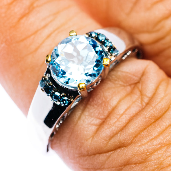 Blue Topaz, Blue Diamond Ring Size 8 (.925 Sterling Silver)