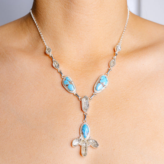 Turquoise and clear stone pendant necklace in .925 sterling silver, cross charm