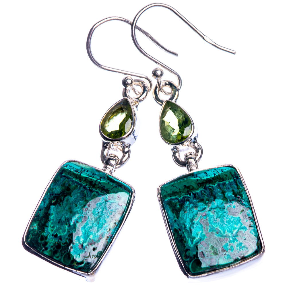 Malachite In Chrysocolla, Peridot 925 Sterling Silver Earrings 1 3/4"