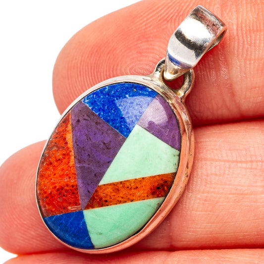 Teardrop gemstone pendant with multicolor mosaic stones in sterling silver