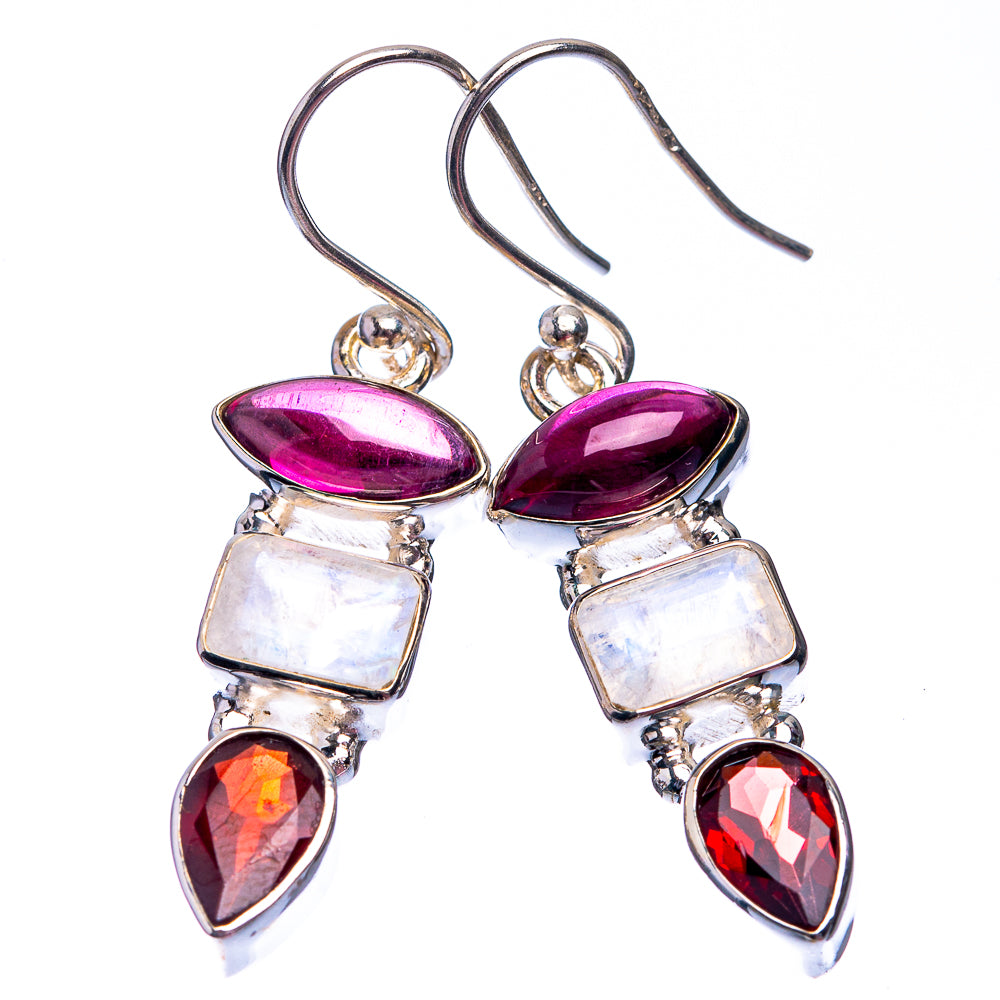 Sterling silver multi-stone drop earrings with magenta ovals, iridescent squares, and red teardrops