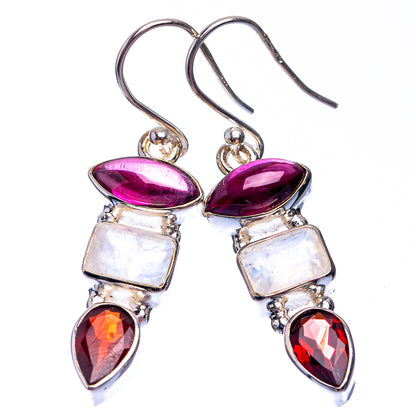 Sterling silver multi-stone drop earrings with magenta ovals, iridescent squares, and red teardrops