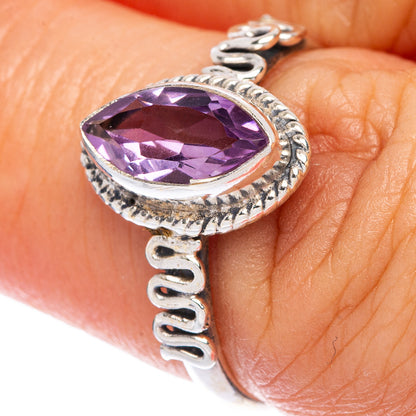 Oval faceted amethyst dainty ring on sterling silver band, ornate halo and prong setting