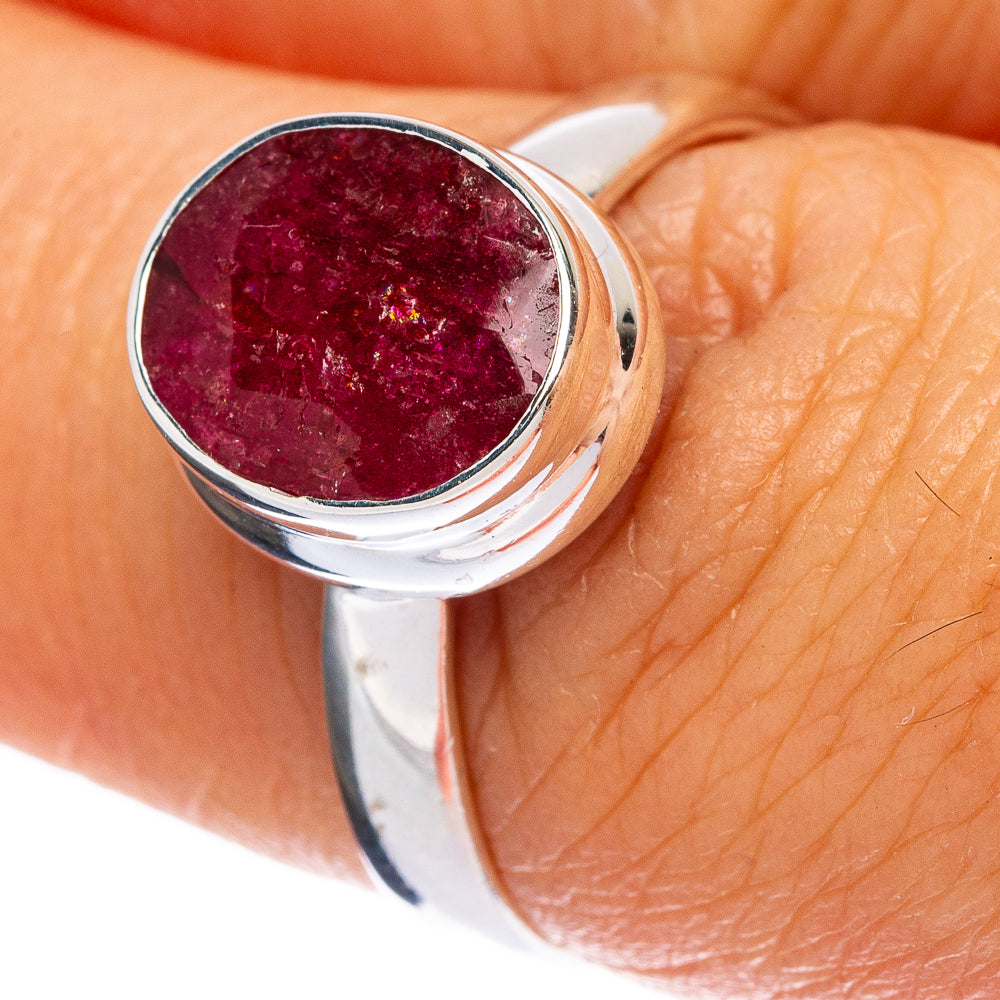 Red sillimanite ring with round bezel, 925 sterling silver band