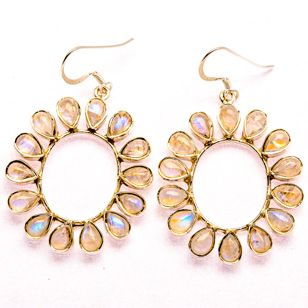 Pair of silver drop earrings with rainbow moonstone teardrop halo hoops