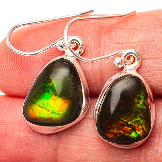 Teardrop ammolite earrings in .925 sterling silver, rainbow green-orange stone, close-up
