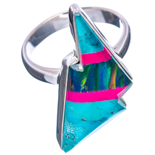 Sterling silver opal bolt ring showing turquoise cabochon with colorful striped inset
