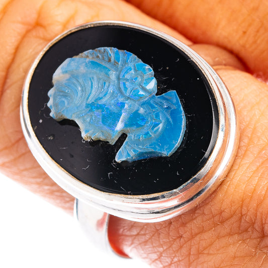 Sterling silver ring with blue opal cameo on black oval bezel, size 9