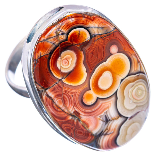 Sterling silver oval ring with crazy lace agate cabochon, orange-red swirls and cream flowers