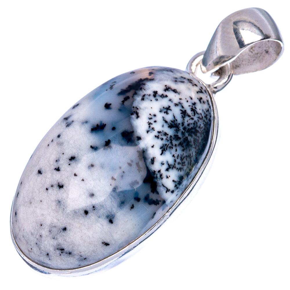 Oval dendritic opal pendant with 925 sterling silver bezel, blue-white stone with black specks