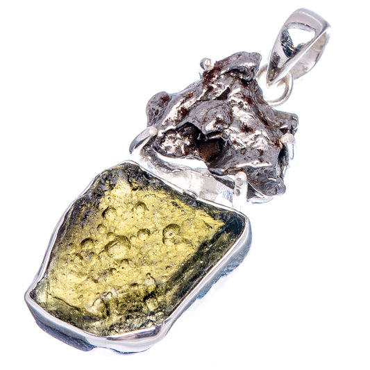 Sterling silver pendant with rough dark stone and yellow-green meteorite-like slab
