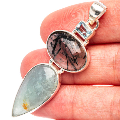 Premium Aquamarine, Tourmalinated Quartz, Blue Topaz Pendant 2 1/4" (.925 Sterling Silver)