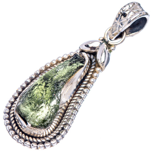 Moldavite pendant in .925 sterling silver bezel with teardrop green stone