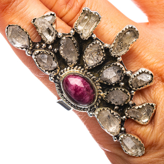 Exclusive Southwestern Style Puprle Spiny Oyster, Herkimer Diamond Ring Size 8 Adjustable (.925 Sterling Silver)