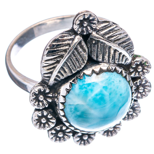 Sterling silver larimar ring side view, oval blue cabochon with engraved leaf and petal accents