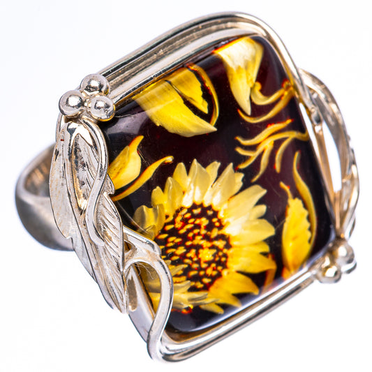 Amber Intaglio Sunflower Ring Size 6 Adjustable (925 Sterling Silver) R3813
