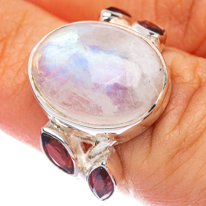 Rainbow Moonstone, Garnet Ring Size 6 (925 Sterling Silver) R144740