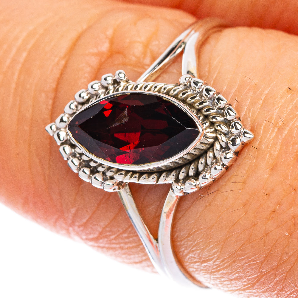 Dainty garnet ring in 925 sterling silver, oval dark-red stone with ornate bezel