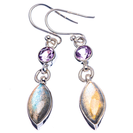 925 sterling silver labradorite drop earrings with oval stones and purple round top accents
